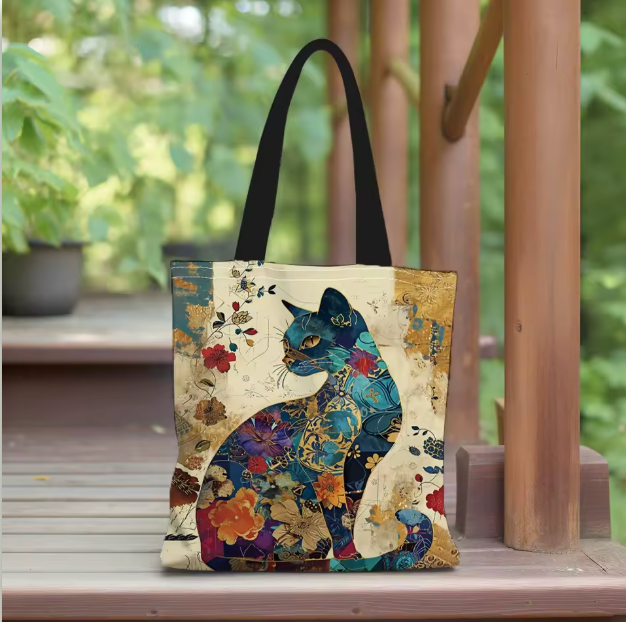 Floral Cat Canvas Tote Bag - Aesthetic Shoulder & Shopping Bag