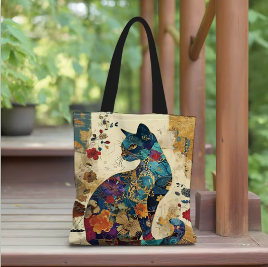 Floral Cat Canvas Tote Bag - Aesthetic Shoulder & Shopping Bag